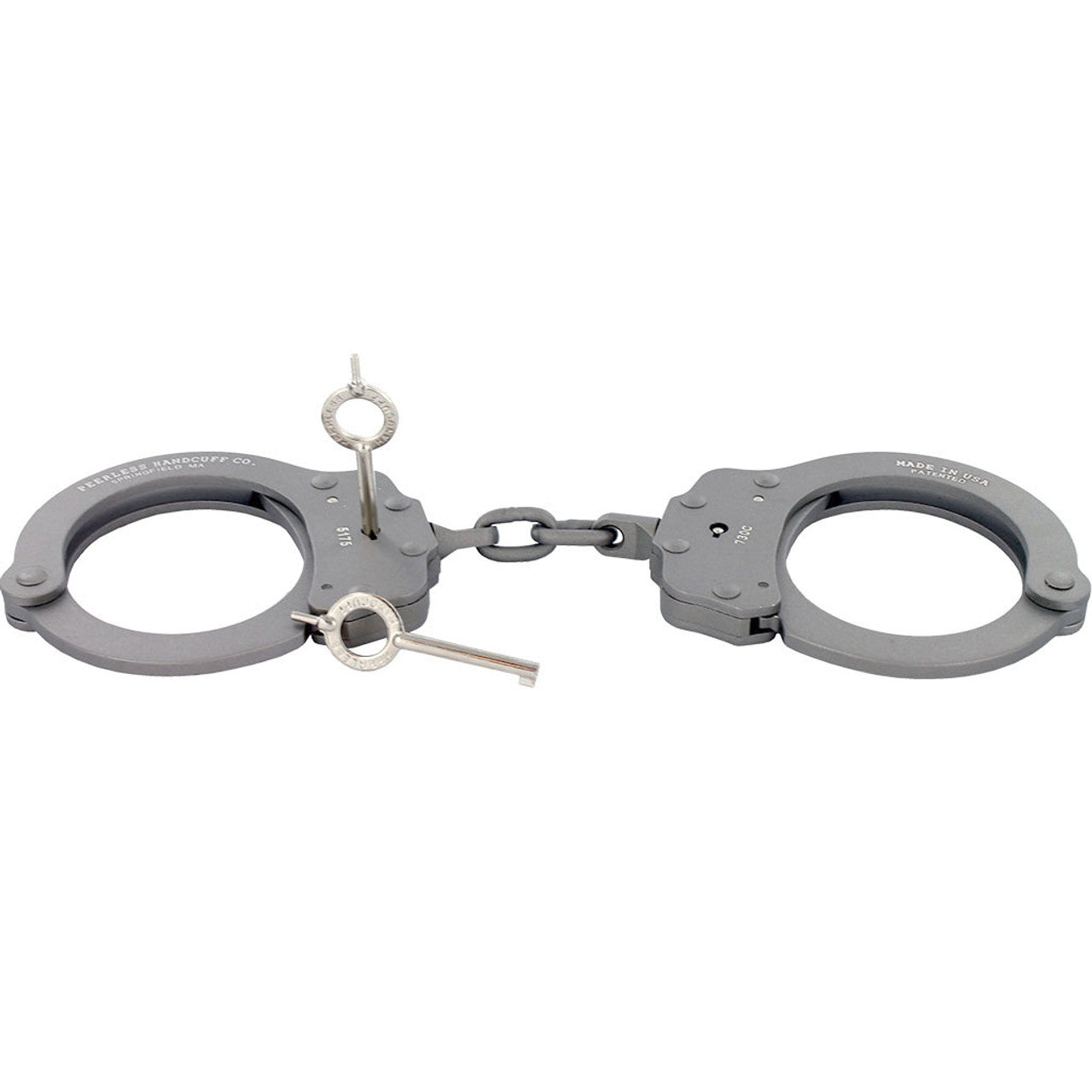 Gray handcuffs on a white background