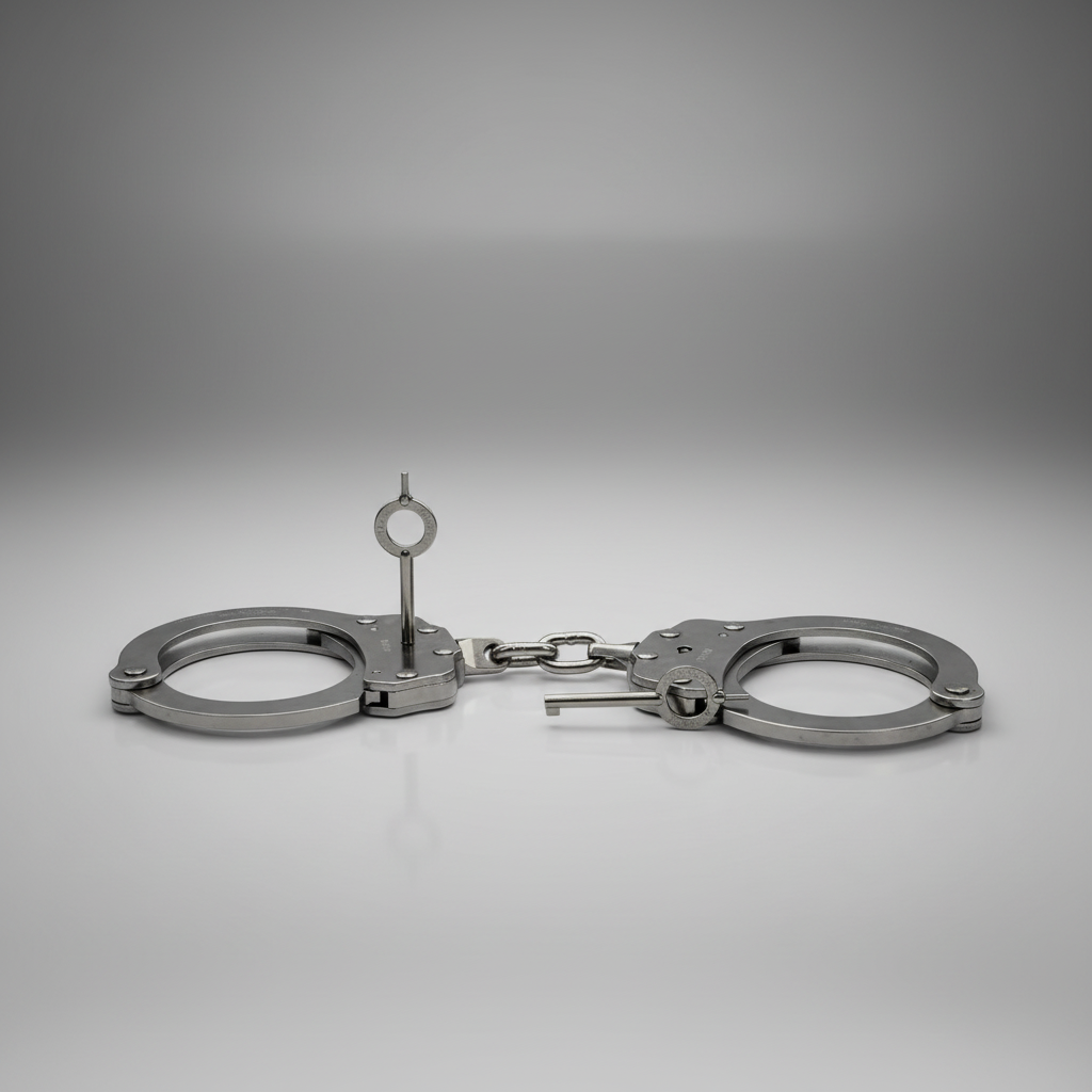 Metal handcuffs on a gray background