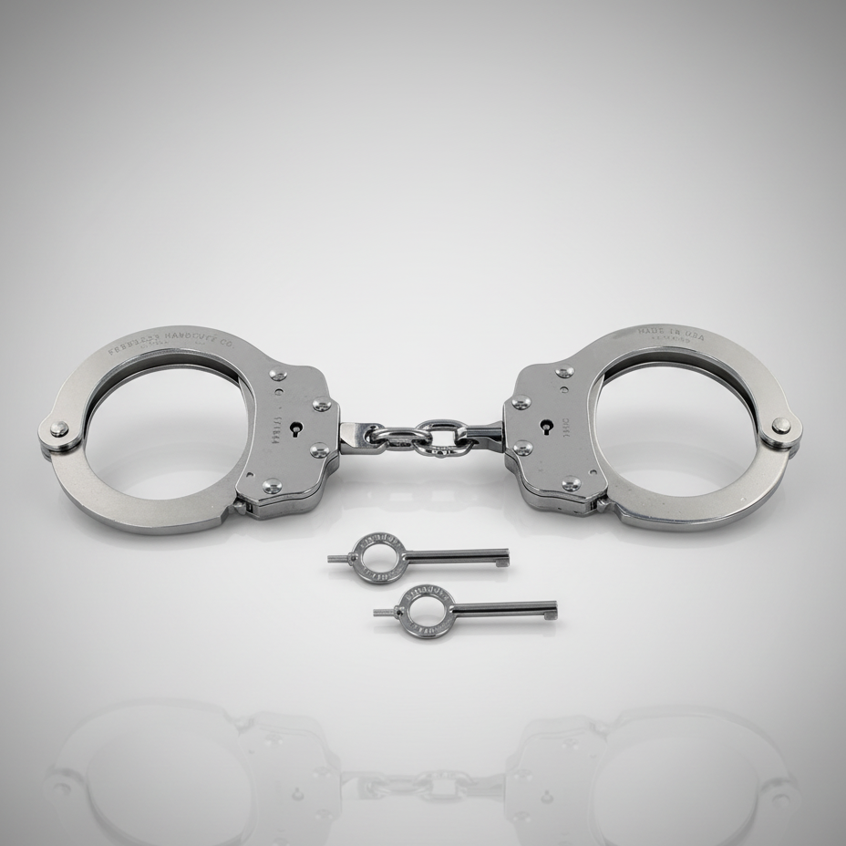 Metallic handcuffs with keys on a gray background