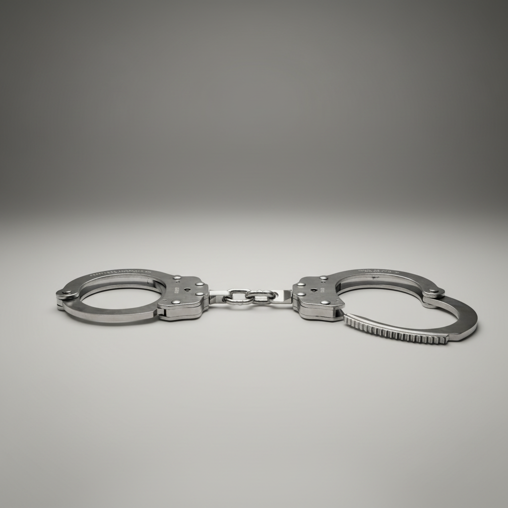 Metallic handcuffs on a gray background