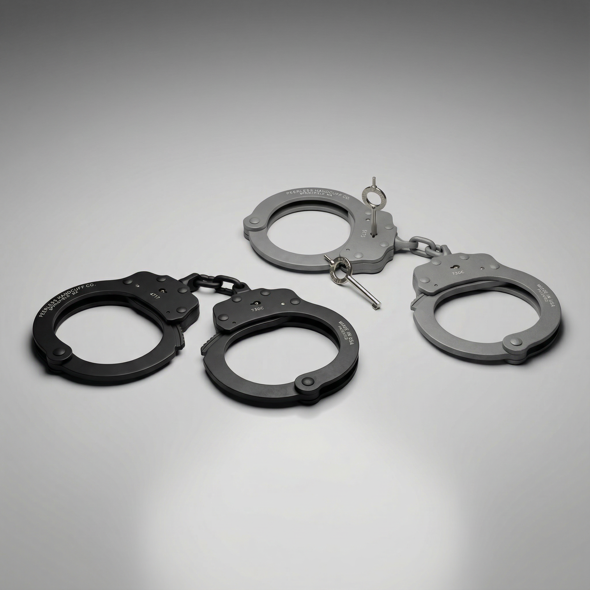 Two pairs of handcuffs on a gray background