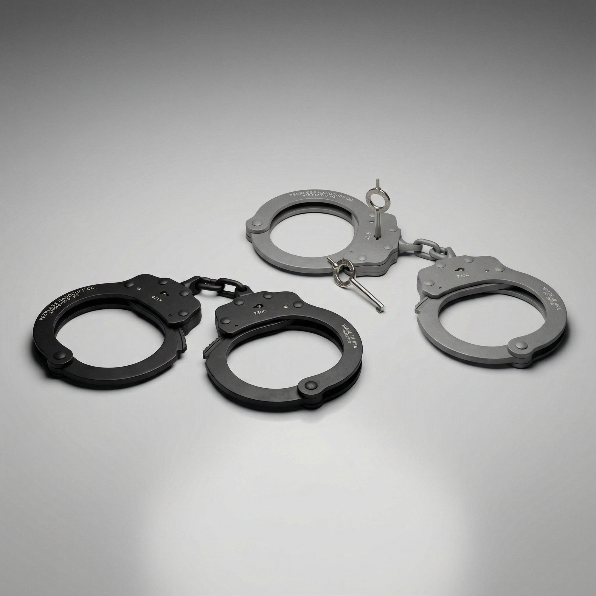 Two pairs of handcuffs on a gray background