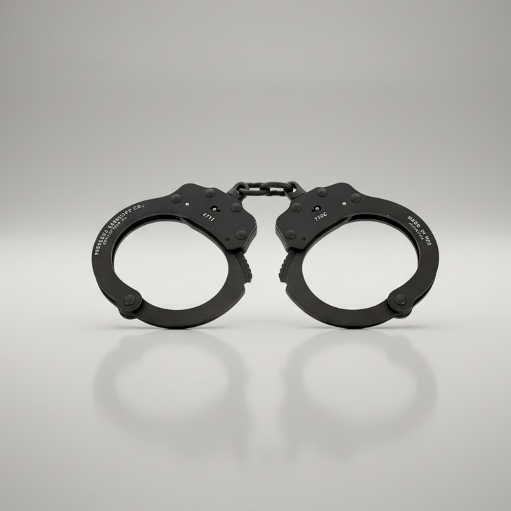 Peerless Handcuff Company Model 730C Superlite Chain Link Handcuff 4708/4709 Black on a gray background