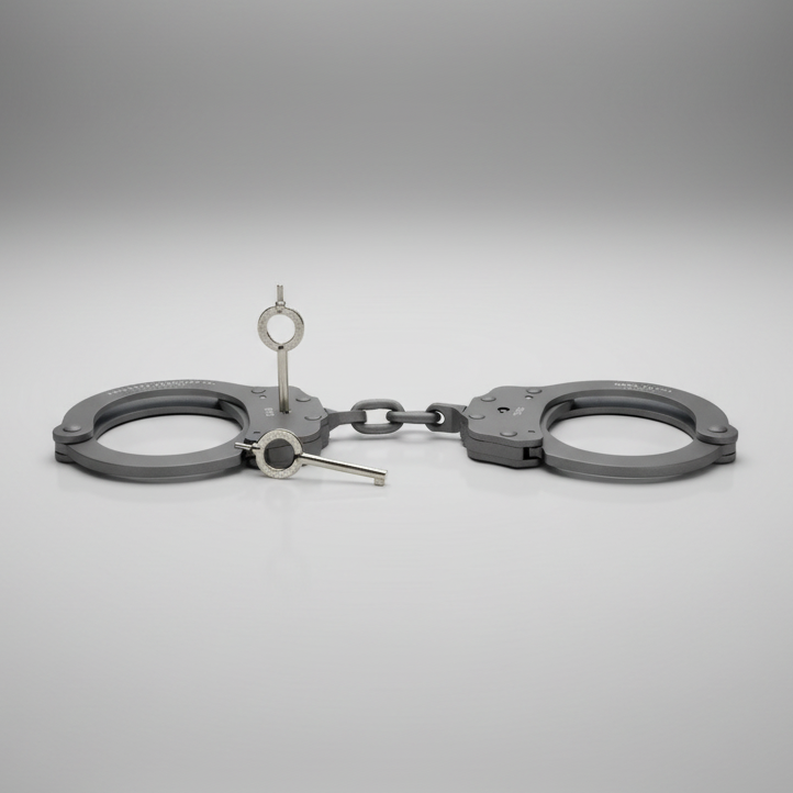 Peerless Handcuff Company Model 730C Superlite Chain Link Handcuff 4708/4709 Silver laying on a gray floor