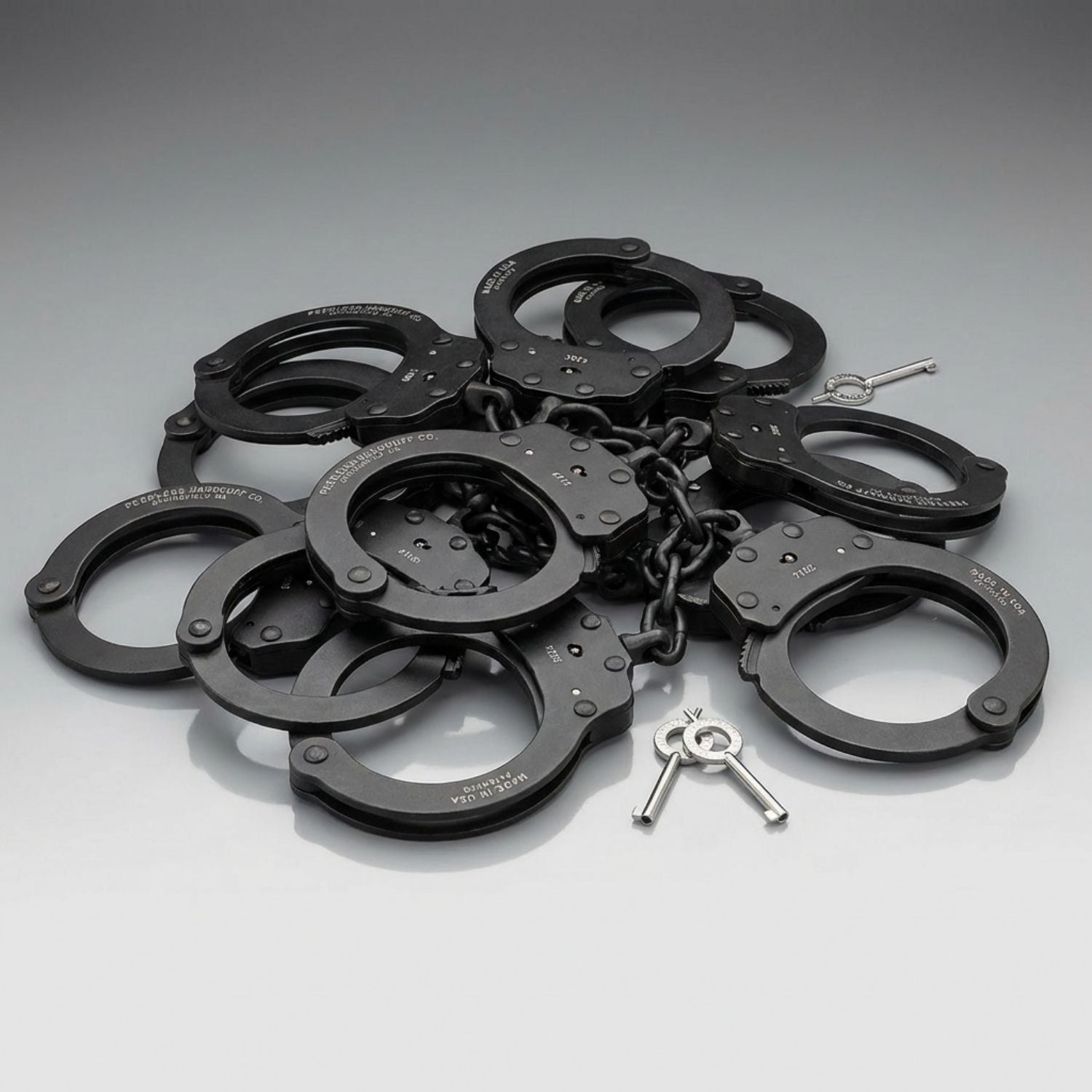 Pile of black handcuffs with keys on a gray background