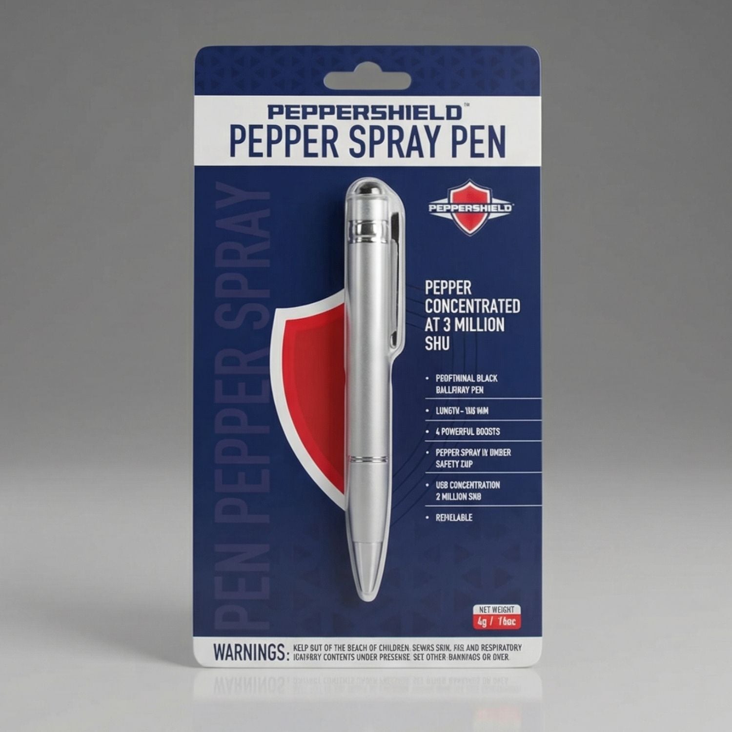 Peppershield pepper spray pen packaging on a gray background