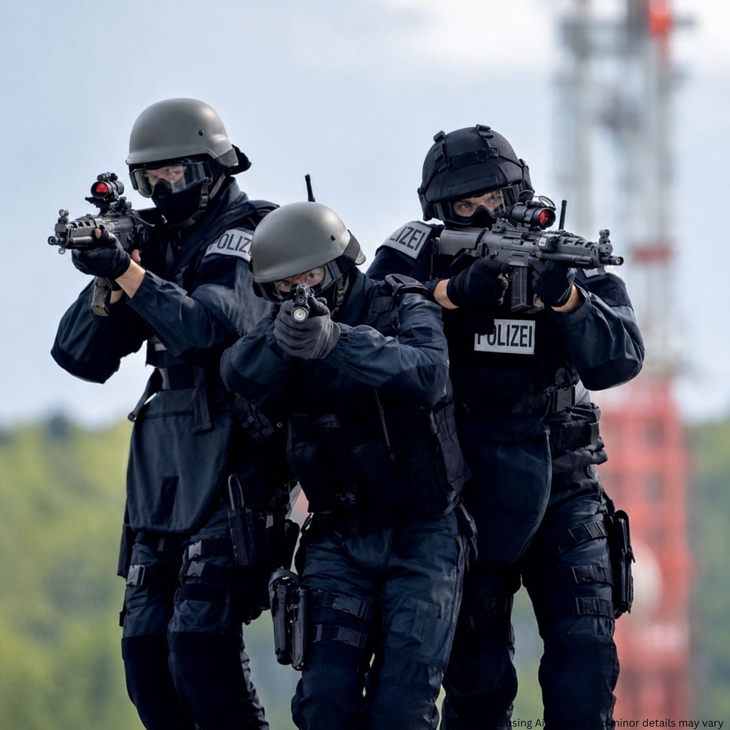 Three police officers in tactical gear with weapons on a blurred background