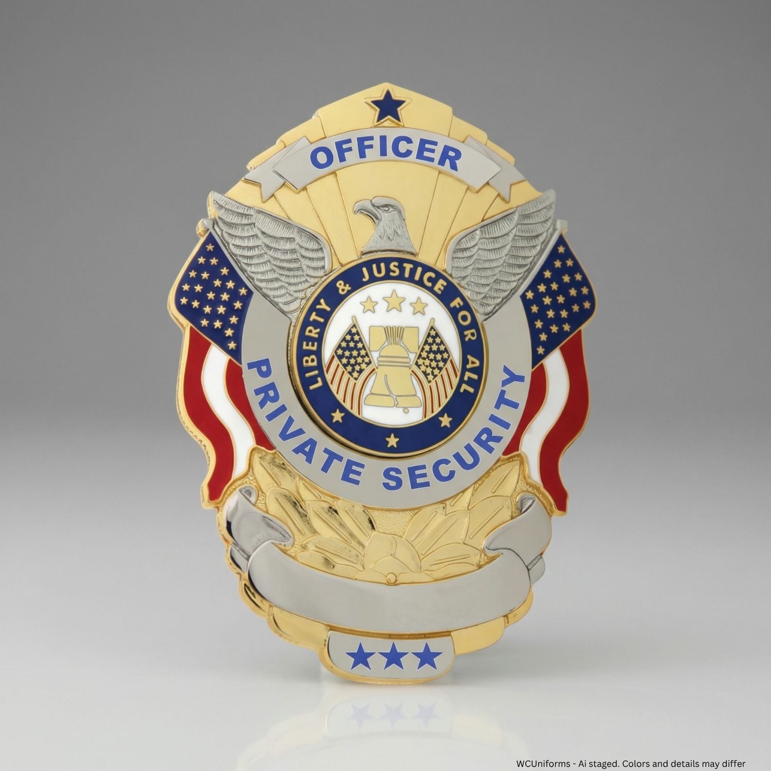 Private security officer badge with American flag design on a gray background
