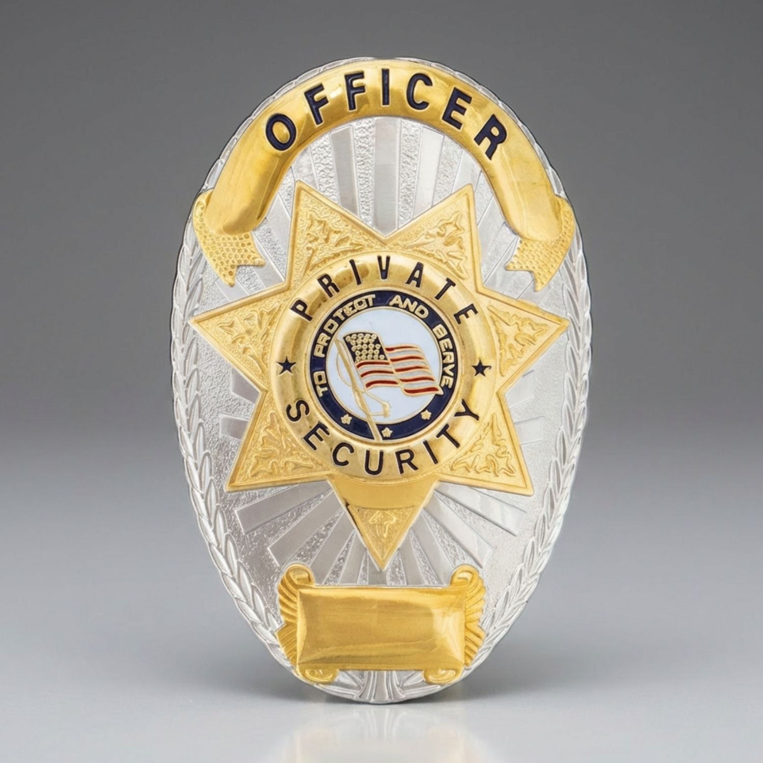Private security officer badge with gold and silver design on a gray background