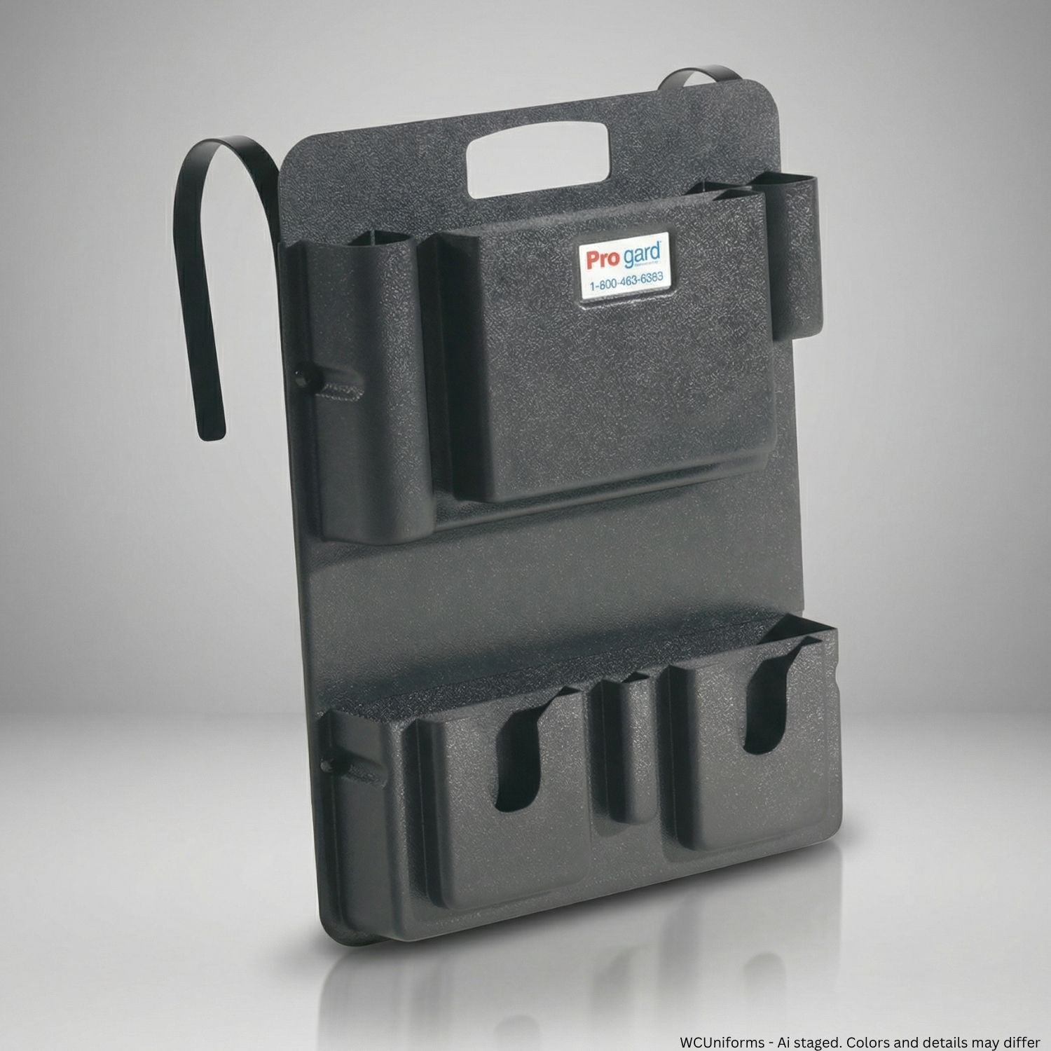 Black car organizer with multiple compartments on a gray background