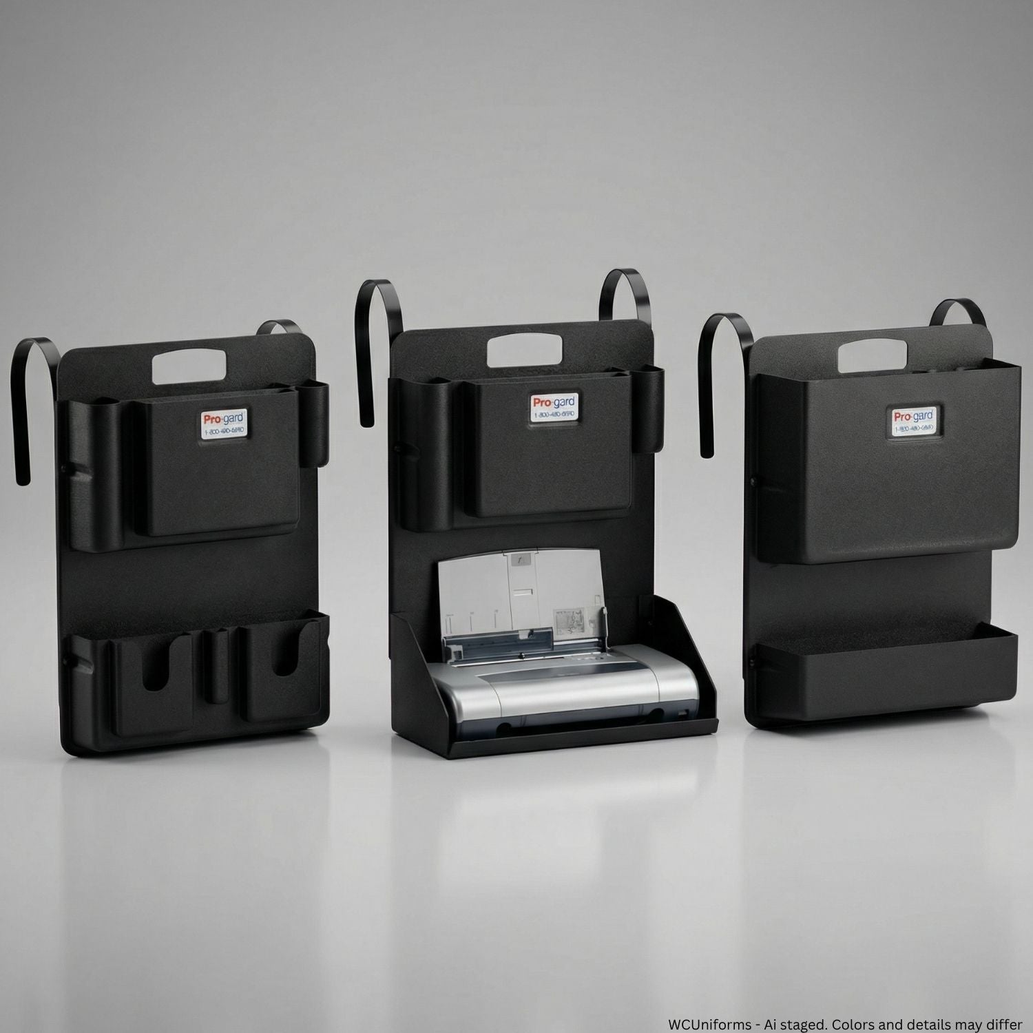 Set of three black car organizers with a central compartment and side pockets on a gray background.