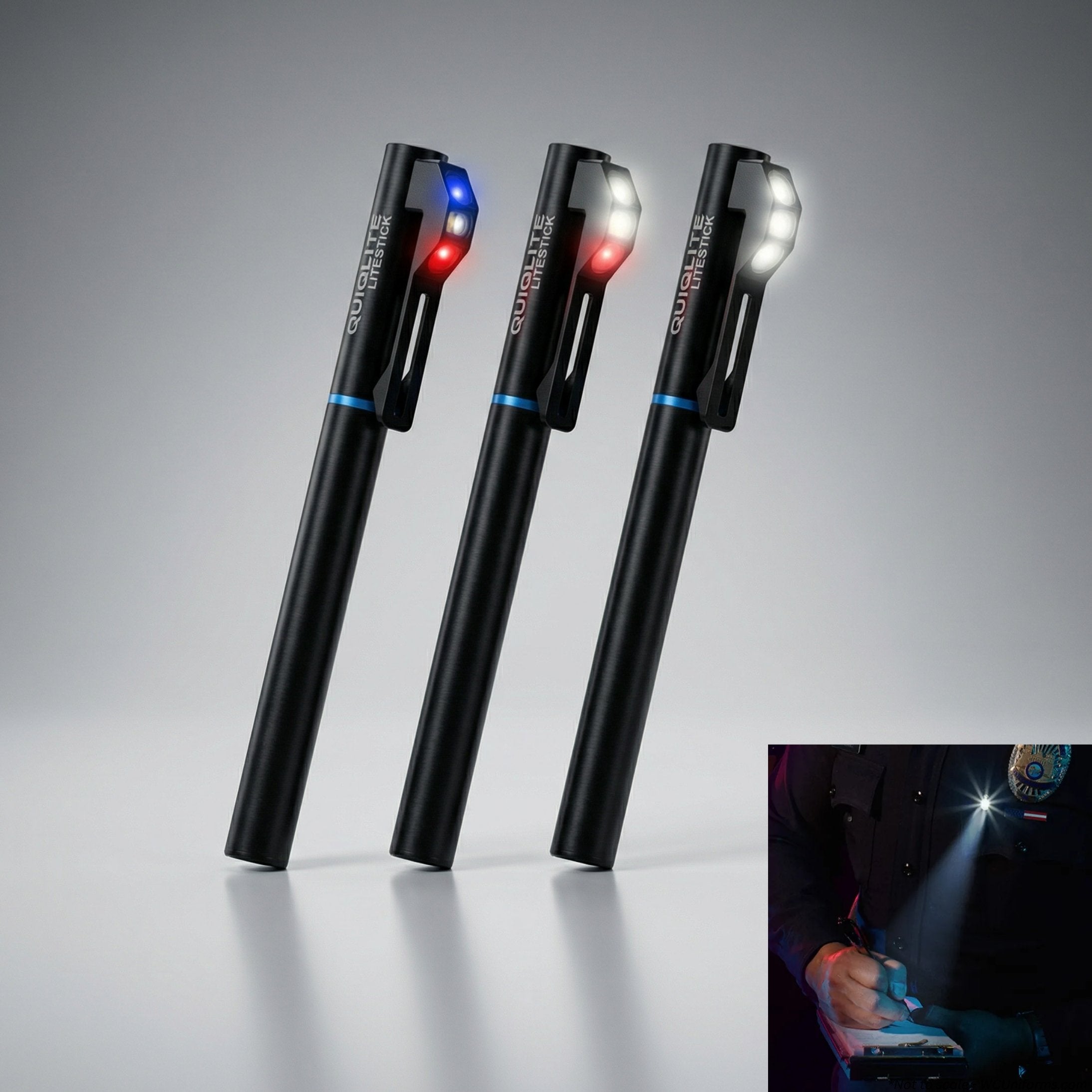 QuiqLite LiteStick Hands-Free LED Pocket Light for First Responders on a gray background