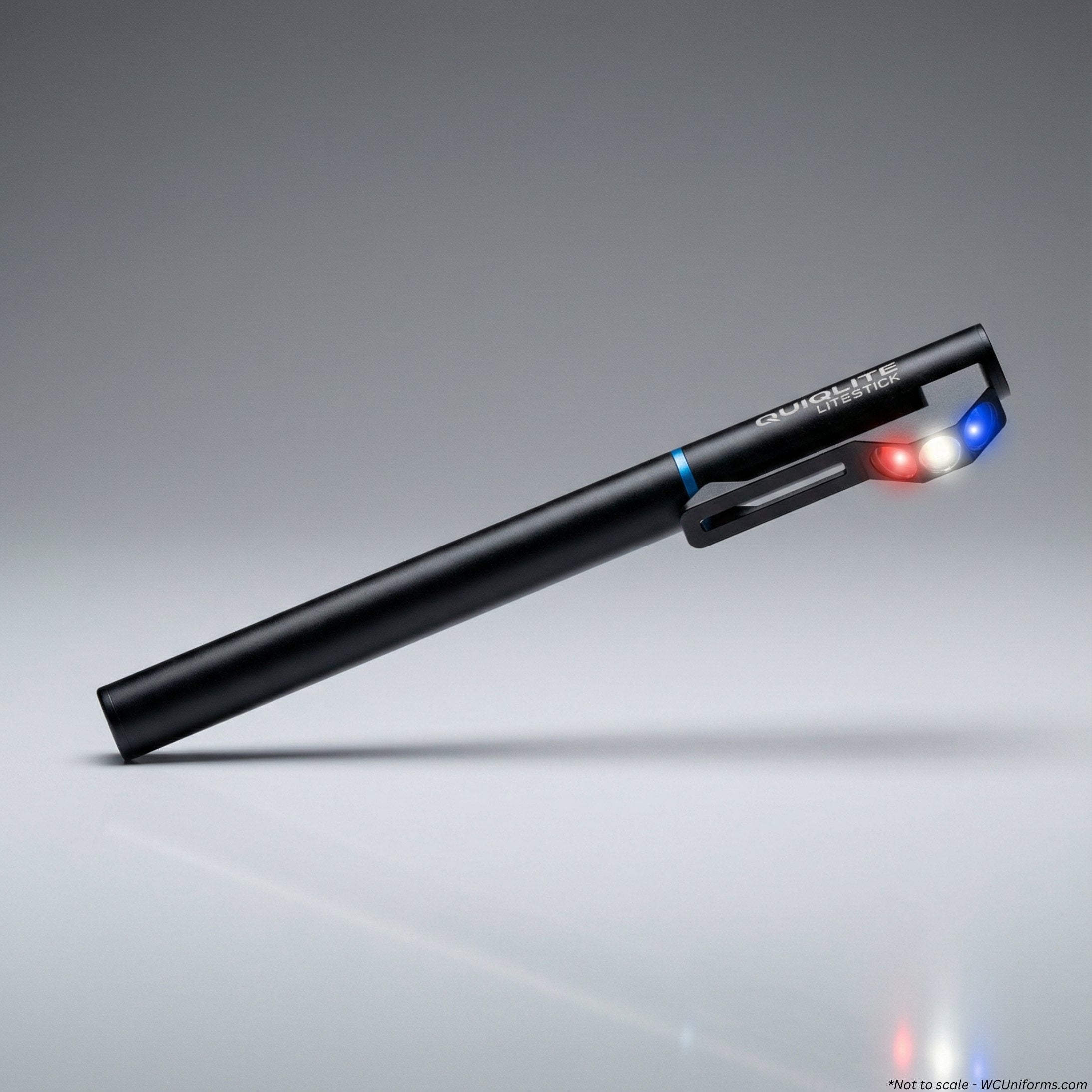 Red white and blue version of the QuiqLite LiteStick Hands-Free LED Pocket Light for First Responders on a gray background