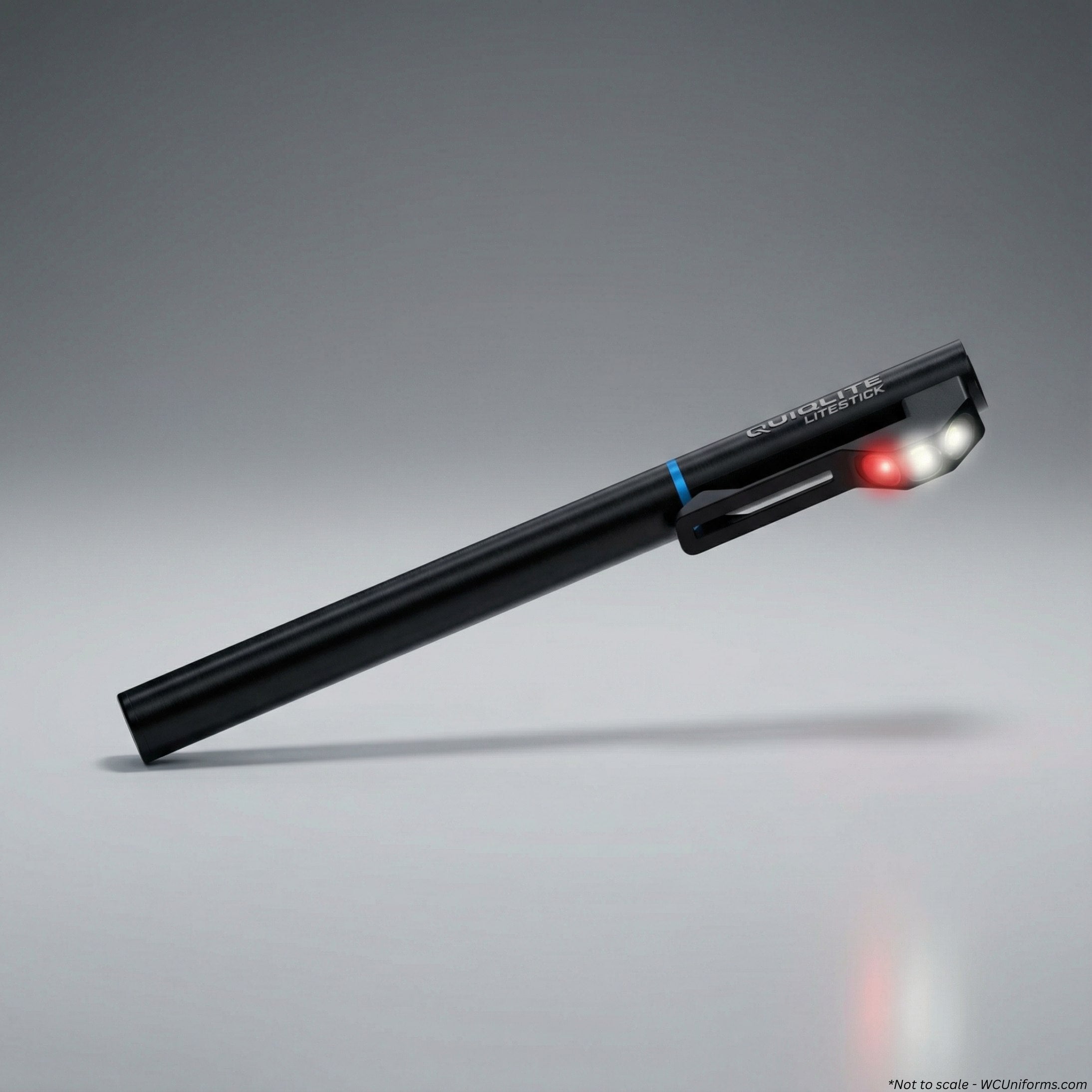 Red and white LED version of the QuiqLite LiteStick Hands-Free LED Pocket Light for First Responders on a gray background