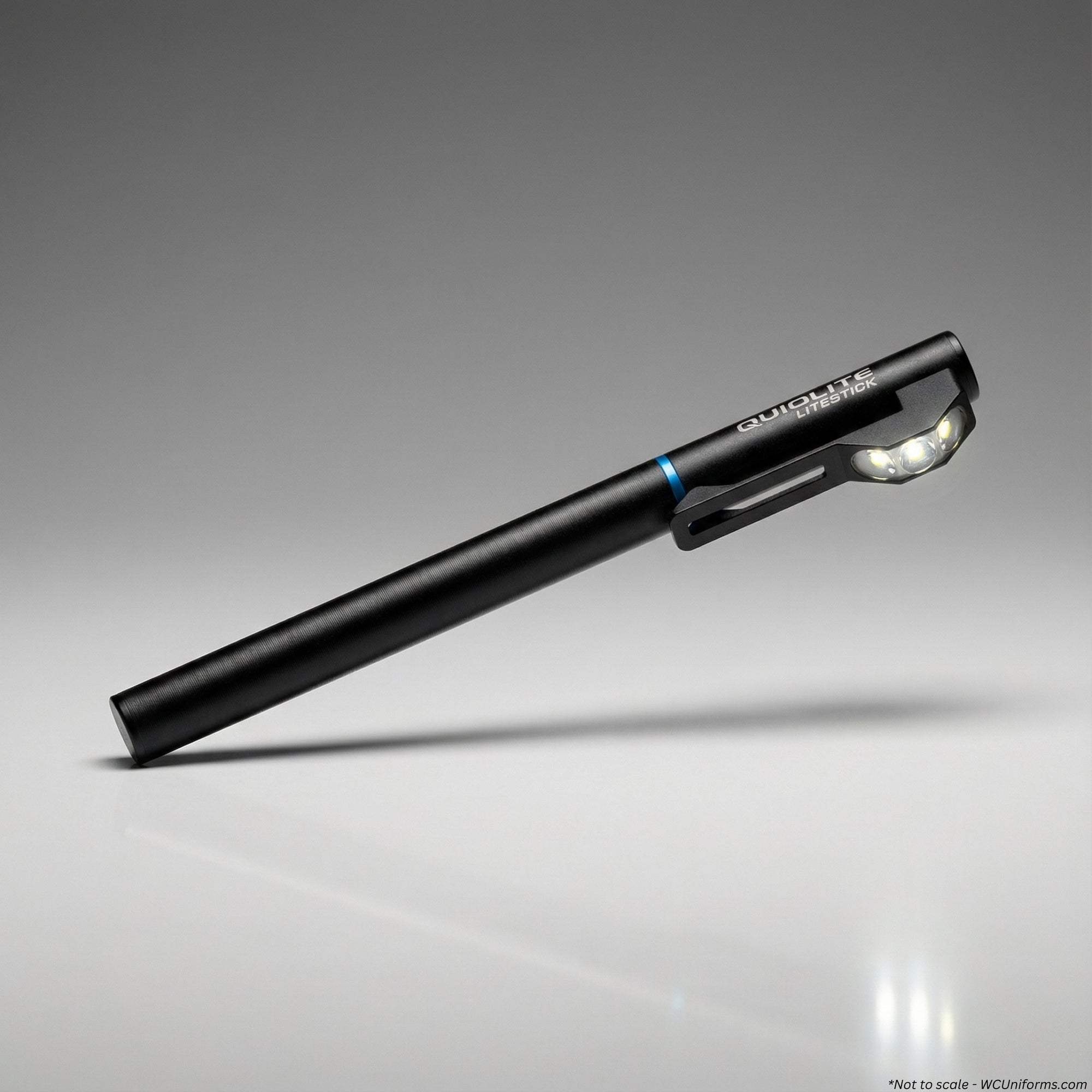 White only LED version of the QuiqLite LiteStick Hands-Free LED Pocket Light for First Responders on a gray background