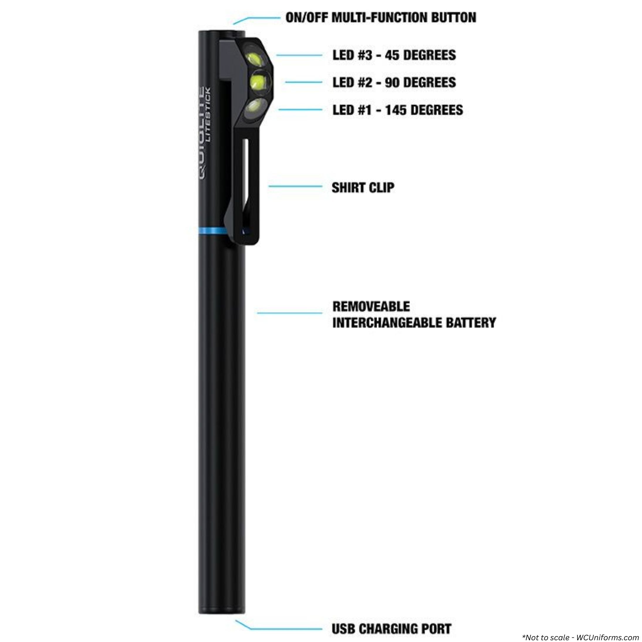 Listed features of the QuiqLite LiteStick Hands-Free LED Pocket Light for First Responders