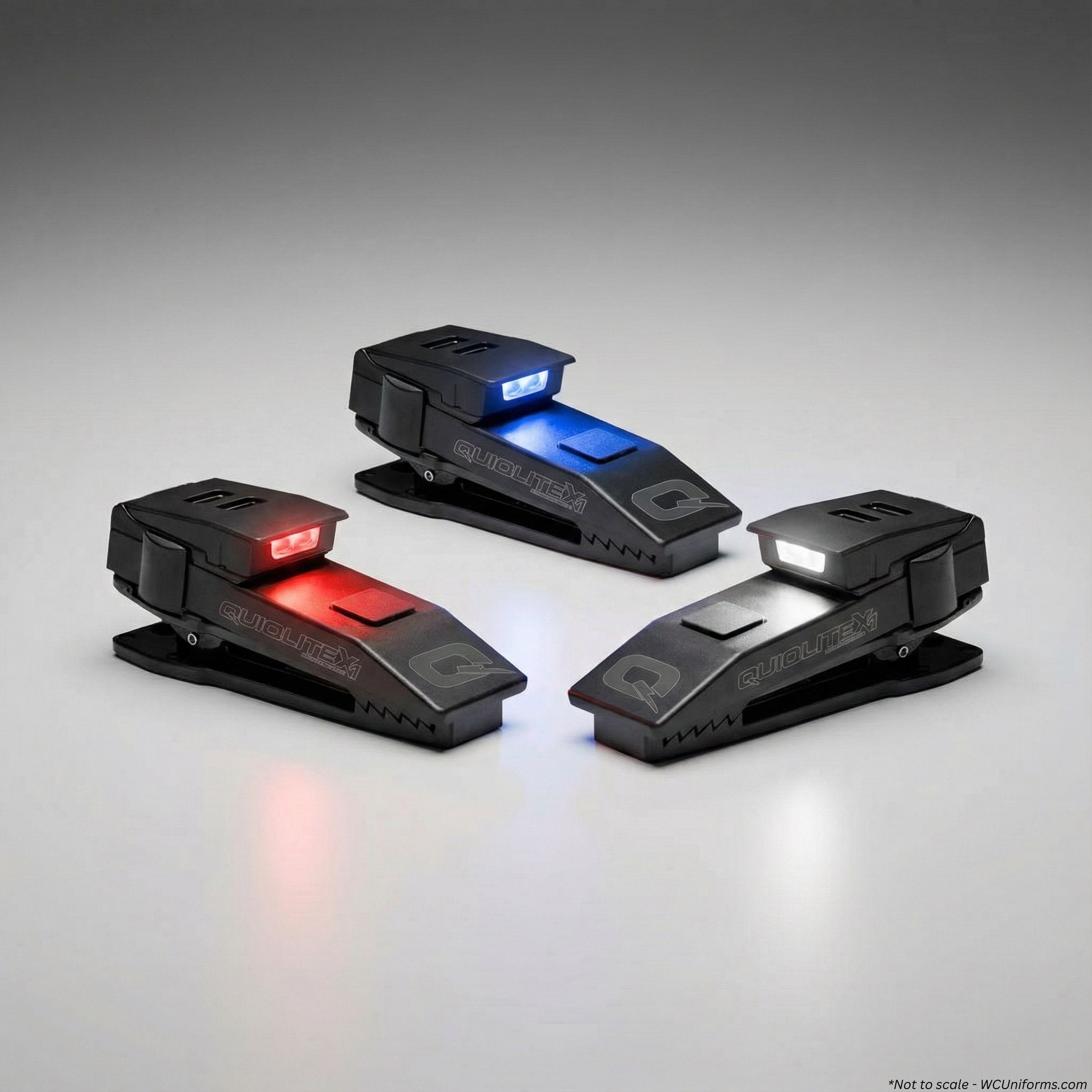 Quiqlite QuiqLiteX1 Tactical Red/White, Blue/White, or White LED QX1 all on a gray background