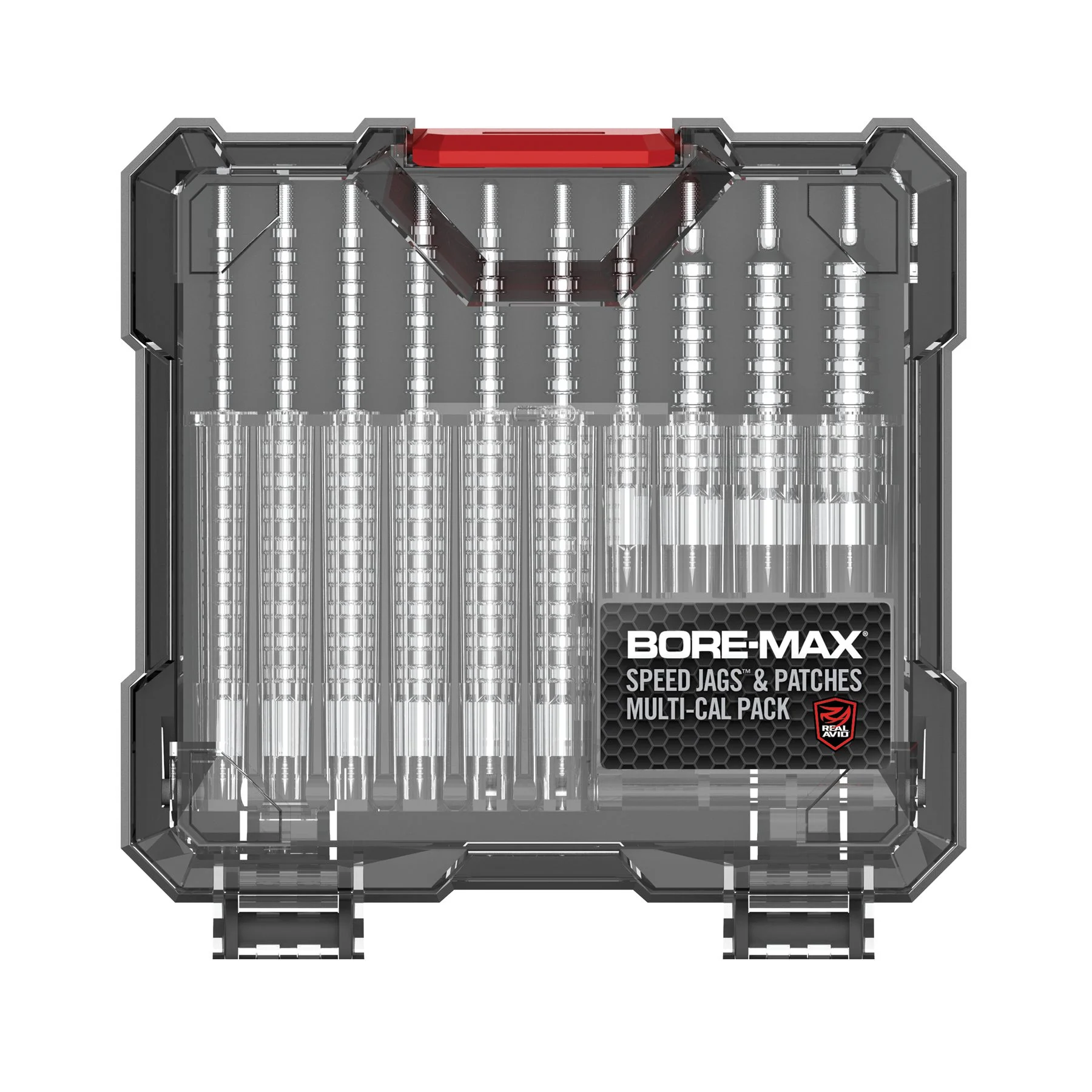 Real Avid Bore-Max Speed Jags & Patches Multi-Cal Pack with multiple jags in a clear storage case for optimal firearm cleaning.