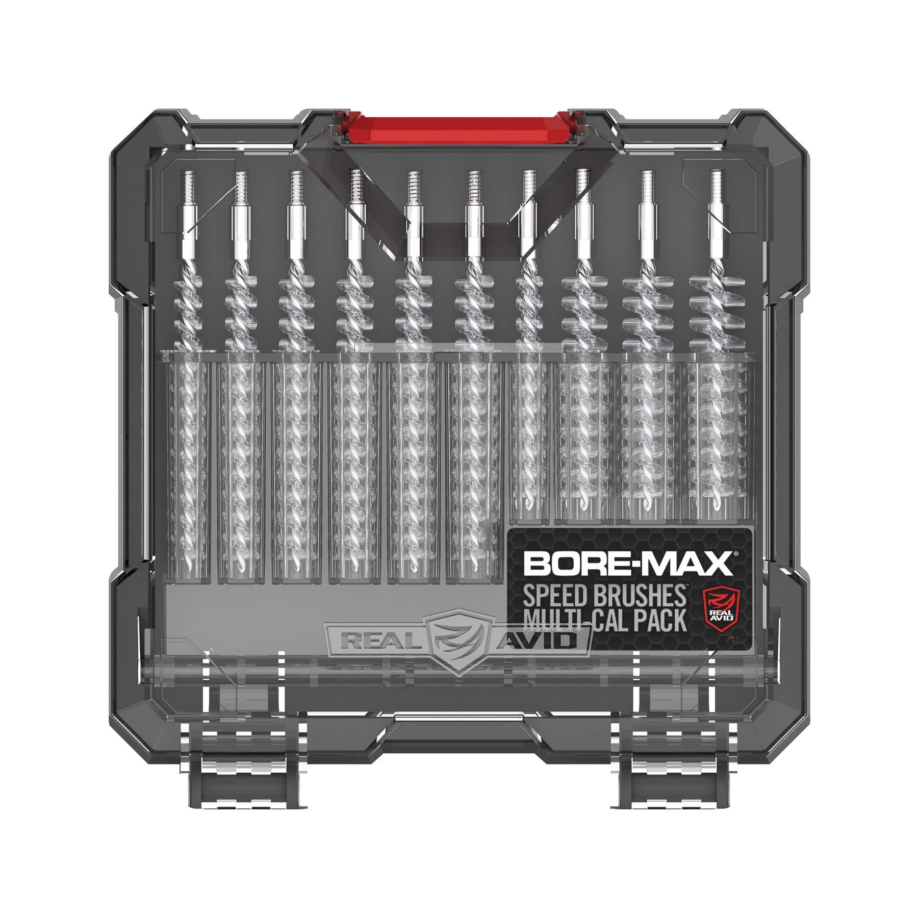 Real Avid Bore-Max Speed Brushes Multi-Cal Pack in storage case, featuring 10 brushes for pistol and rifle calibers.