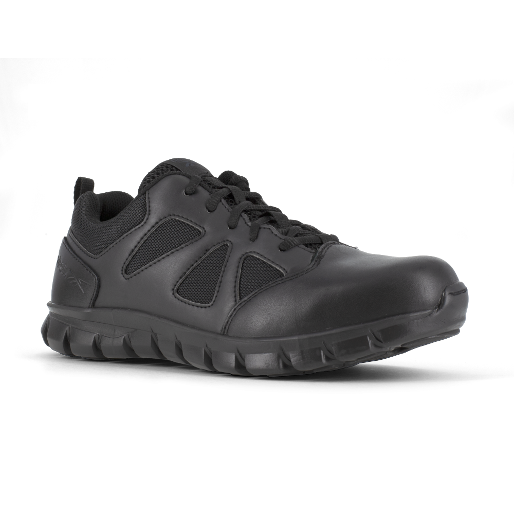 Reebok Sublite Cushion Tactical Women's Shoe in black with soft toe and lightweight design for comfort and support.