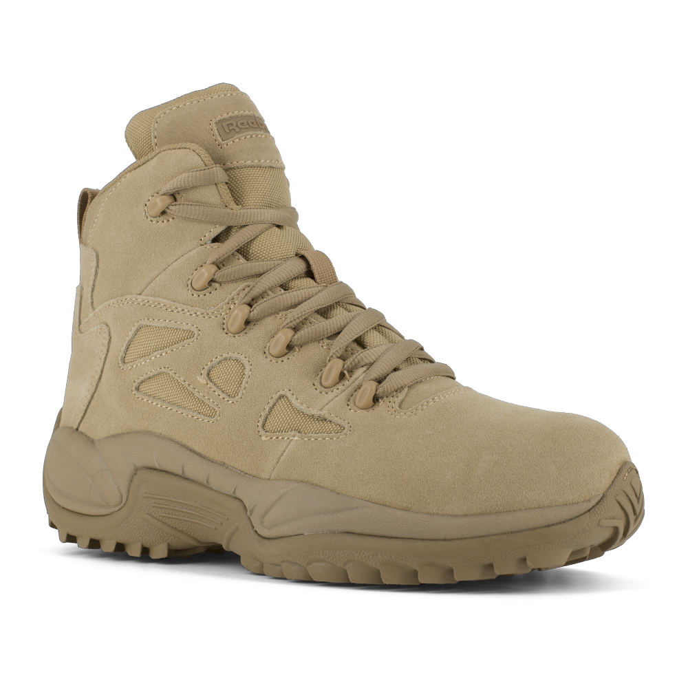 Reebok Rapid Response 6'' Stealth Boot in Desert Tan with composite toe, featuring durability and advanced comfort technology.