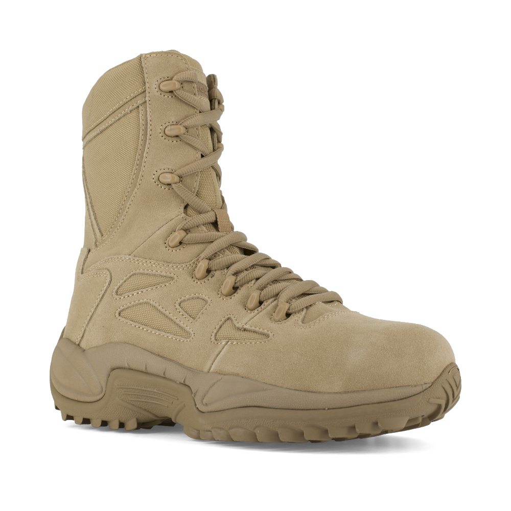 Reebok Rapid Response 8'' Stealth Boot in Desert Tan with composite toe, designed for durability and comfort for first responders.