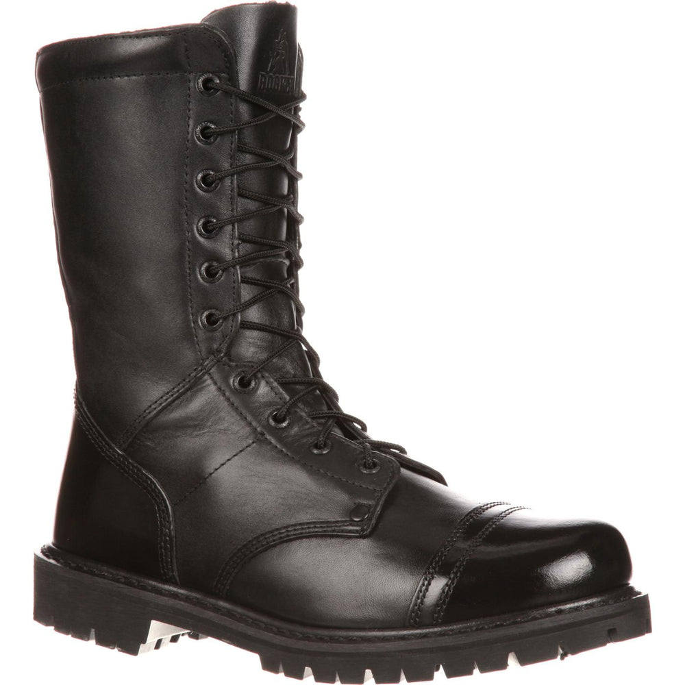 Rocky International Side Zipper Jump Boot in black leather with rugged design for durability and comfort in demanding conditions.