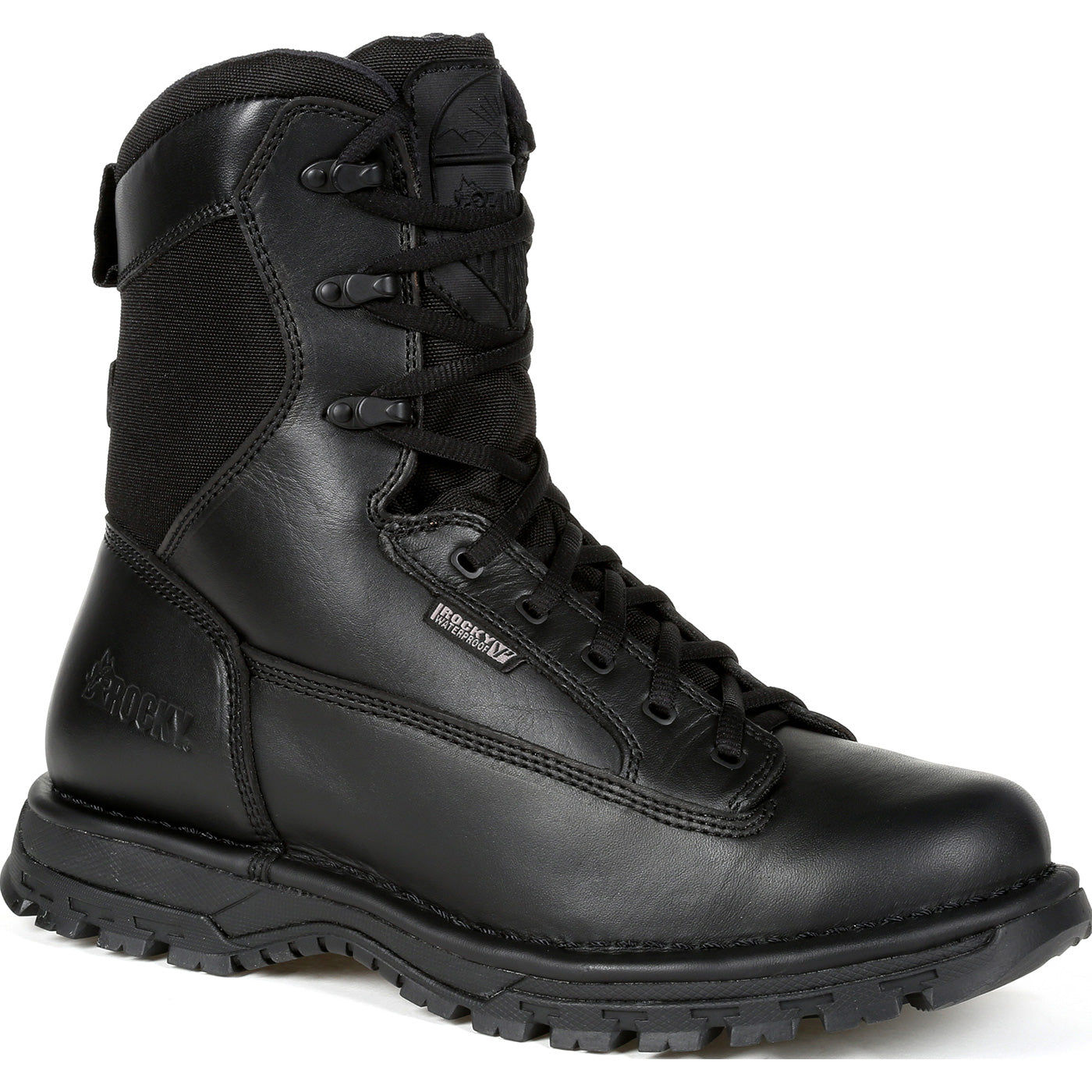 Rocky International Portland 8'' black waterproof service boot with side zipper and durable sole for public service professionals.
