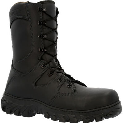 Rocky International Code Red Rescue Fire Boot, 8-inch black fire-resistant boot with composite toe and Vibram sole.