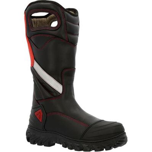 Rocky International Code Red Structure boots with red accents, reflective highlights, and 14-inch height for fire safety.