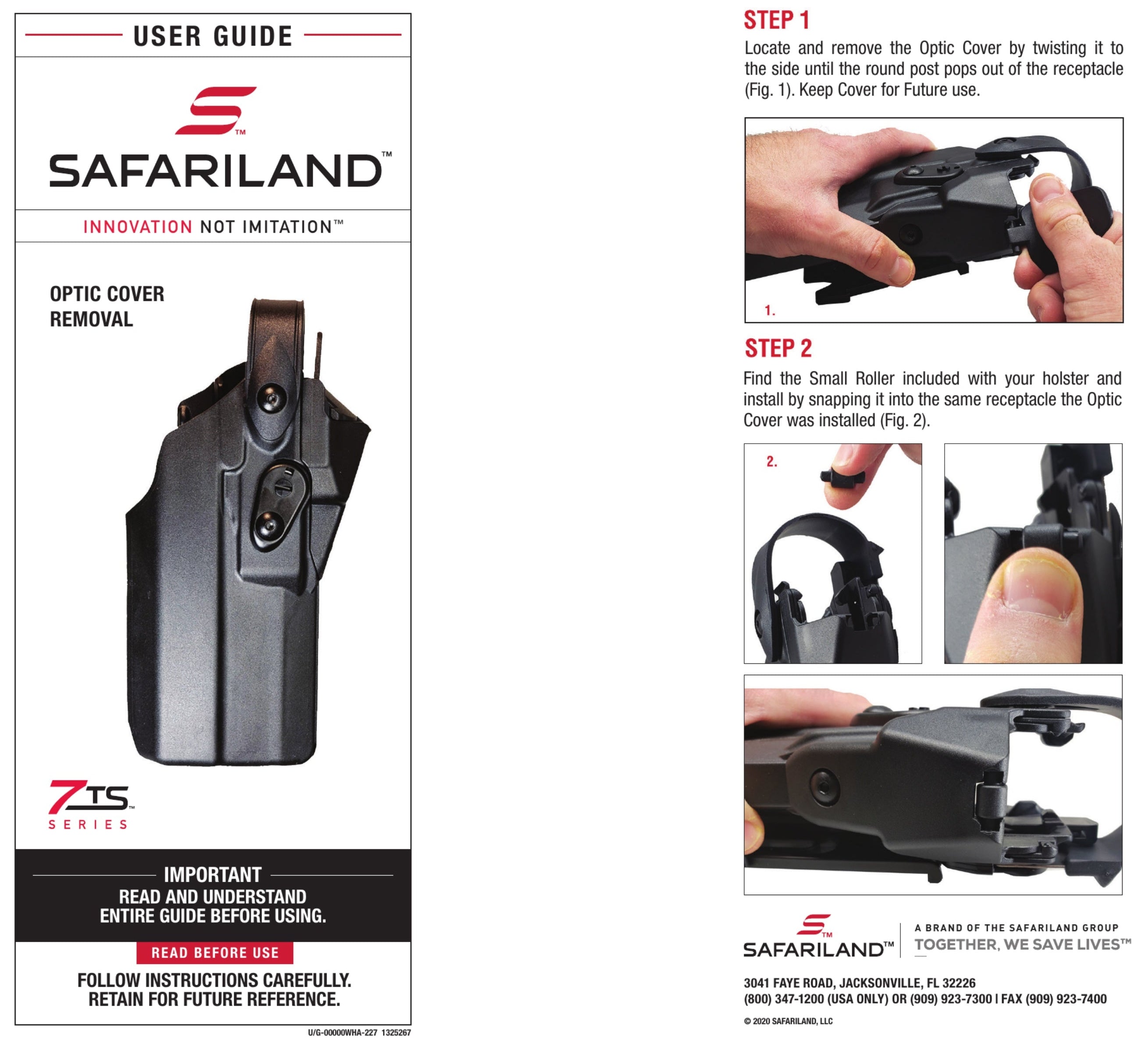 Safariland user guide for optic cover removal with step-by-step instructions.