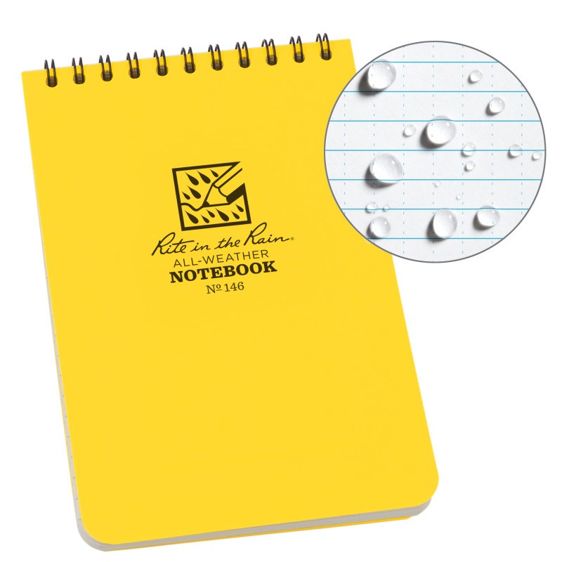 Rite in the Rain Top Spiral Notebook - 4 x 6, yellow cover with water droplets, ideal for all-weather use and field notes.