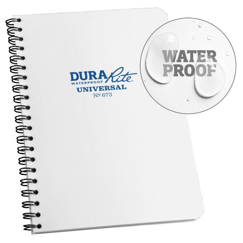 Rite in the Rain Durarite Side Spiral Notebook showing waterproof feature with droplets, ideal for harsh conditions.