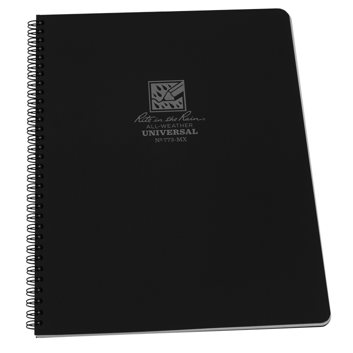 Rite in the Rain side spiral notebook with black Polydura cover and silver logo, 8.75 x 11 size.