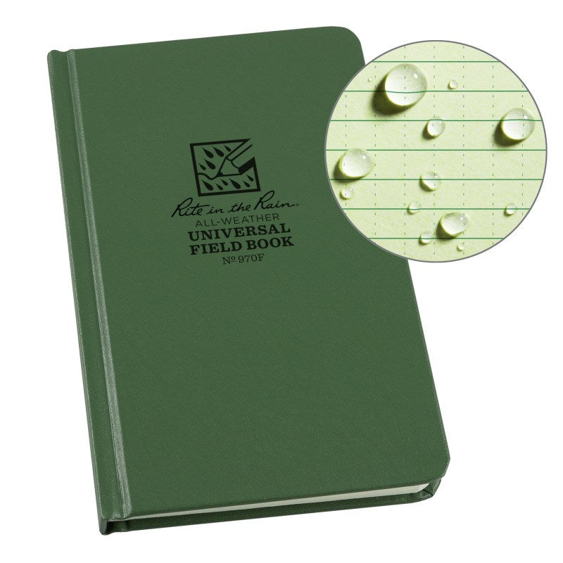 Rite in the Rain green universal bound book showcasing weather-resistant cover and water droplets on archival paper.