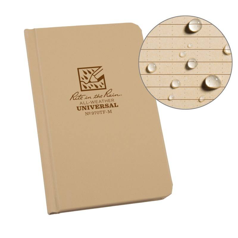 Rite in the Rain Fabrikoid Universal Hard Cover Book with water droplets, showcasing durability and weather resistance.