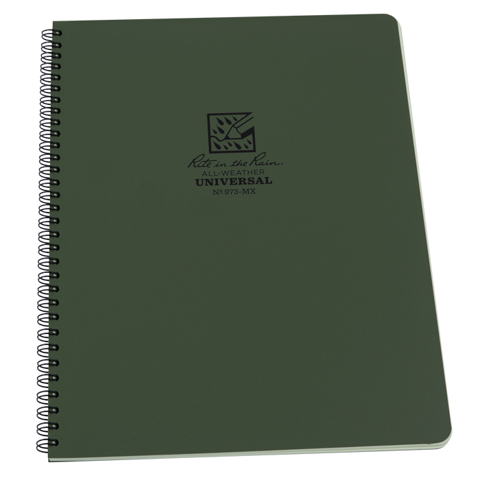 Rite in the Rain green side spiral notebook with Polydura cover and logo, 8.75 x 11 size, ideal for outdoor use.