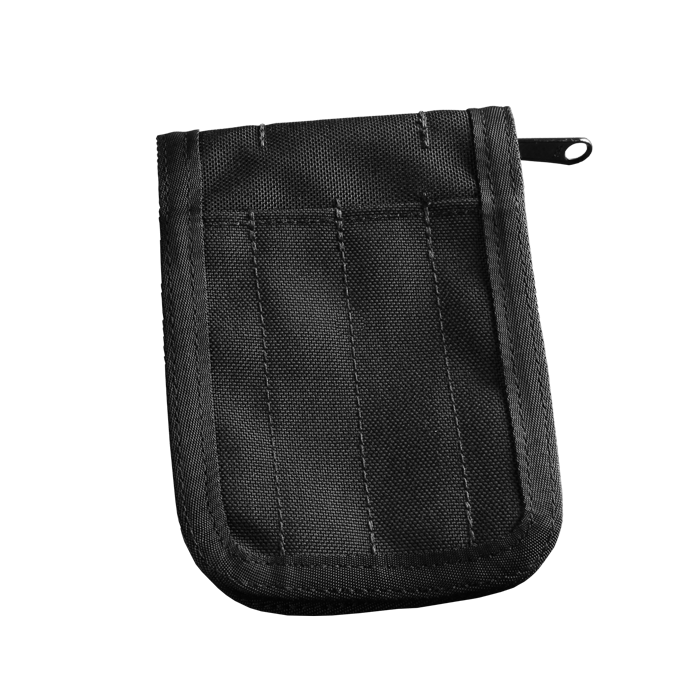 Black CORDURA fabric pocket notebook cover with zipper closure and slots for writing utensils. Durable and functional design.