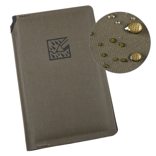 Rite in the Rain Monsoon Horizon 3x5 Wallet showing water-resistant surface with droplets and logo, ideal for outdoor use.
