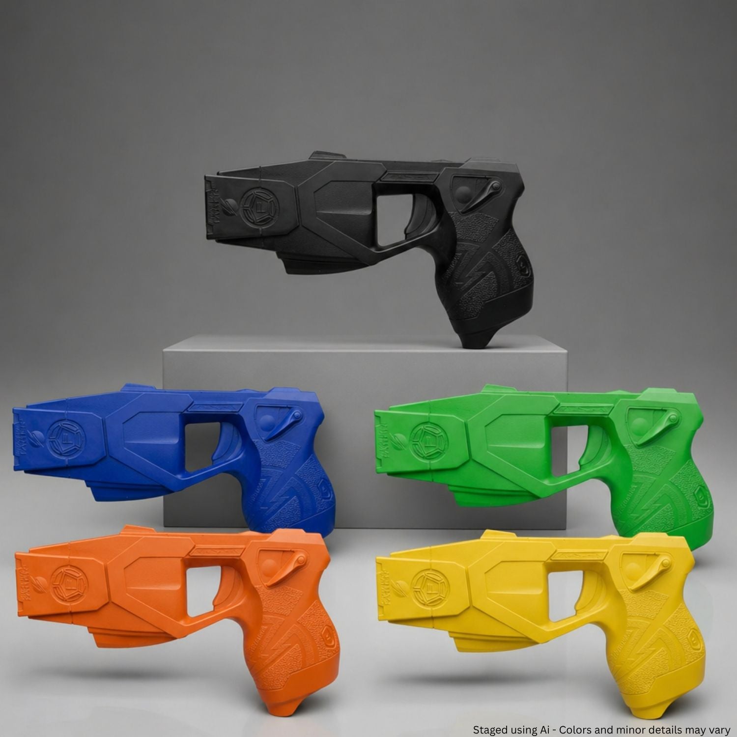 Five colorful Blue Training Guns By Rings Simulation TASER X26P for Training - FSX26P on a gray background
