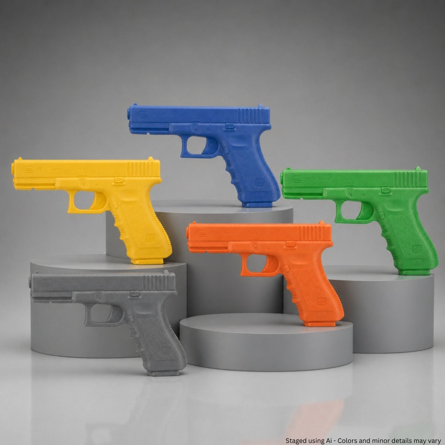 Ring’s Manufacturing Glock 17/22/31 Blue Training Gun FSG17 in multiple colors staged on plinths