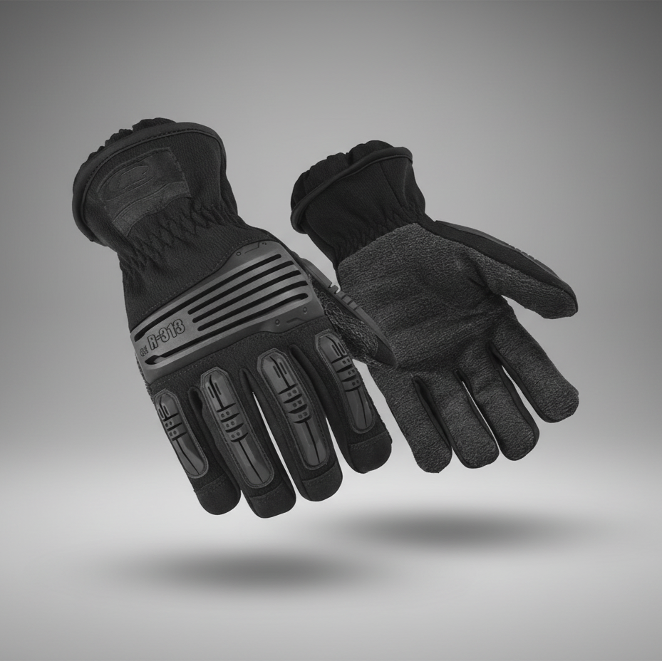Pair of black and gray gloves on a gray background