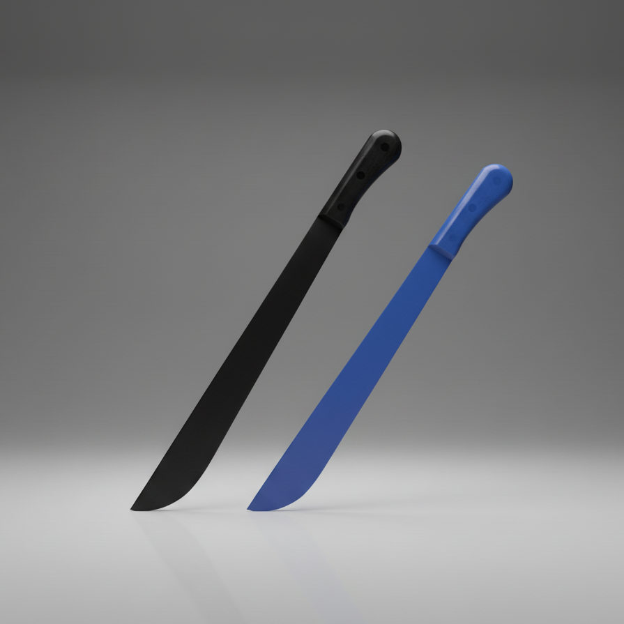 Black and blue training machete replicas on a gray background