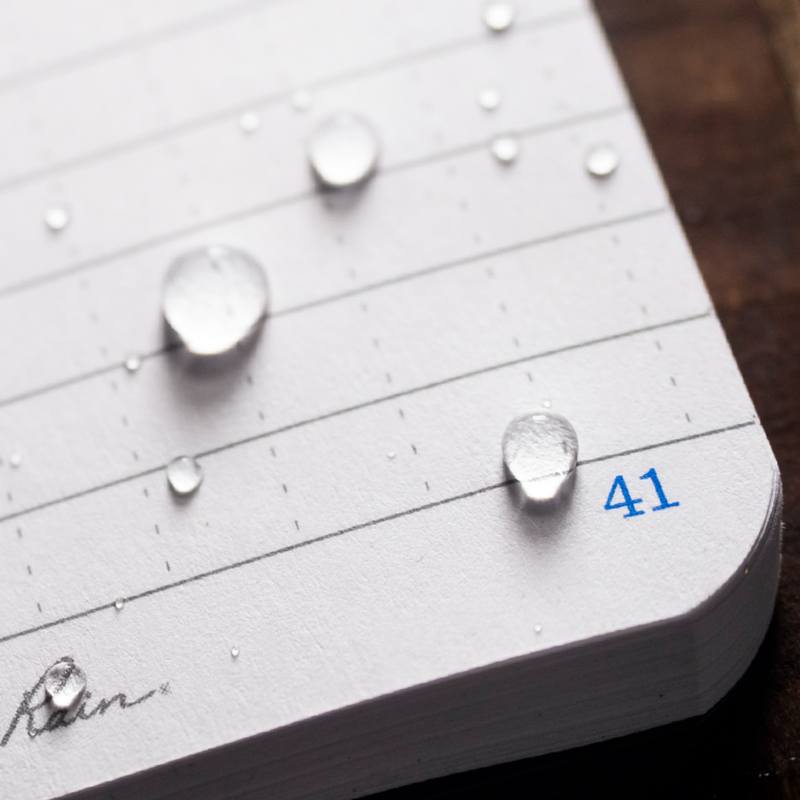 Water droplets on a piece of lined paper with the number 41 and the word 'Rain' written on it.