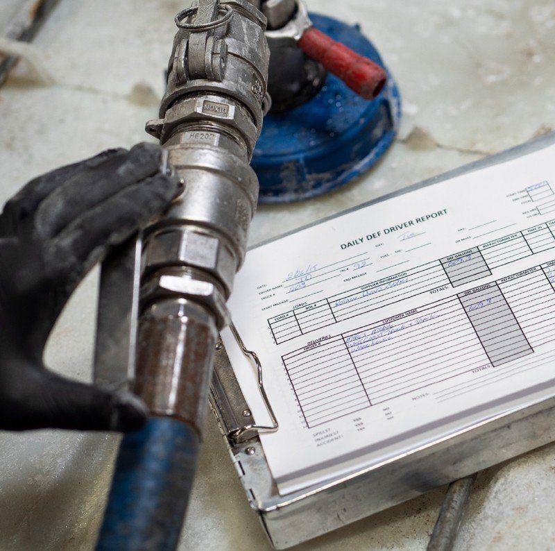 Hand holding a mechanical component next to a Daily Def Driver Report form.