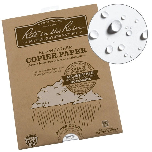 Rite in the Rain all-weather copier paper package with water droplet inset
