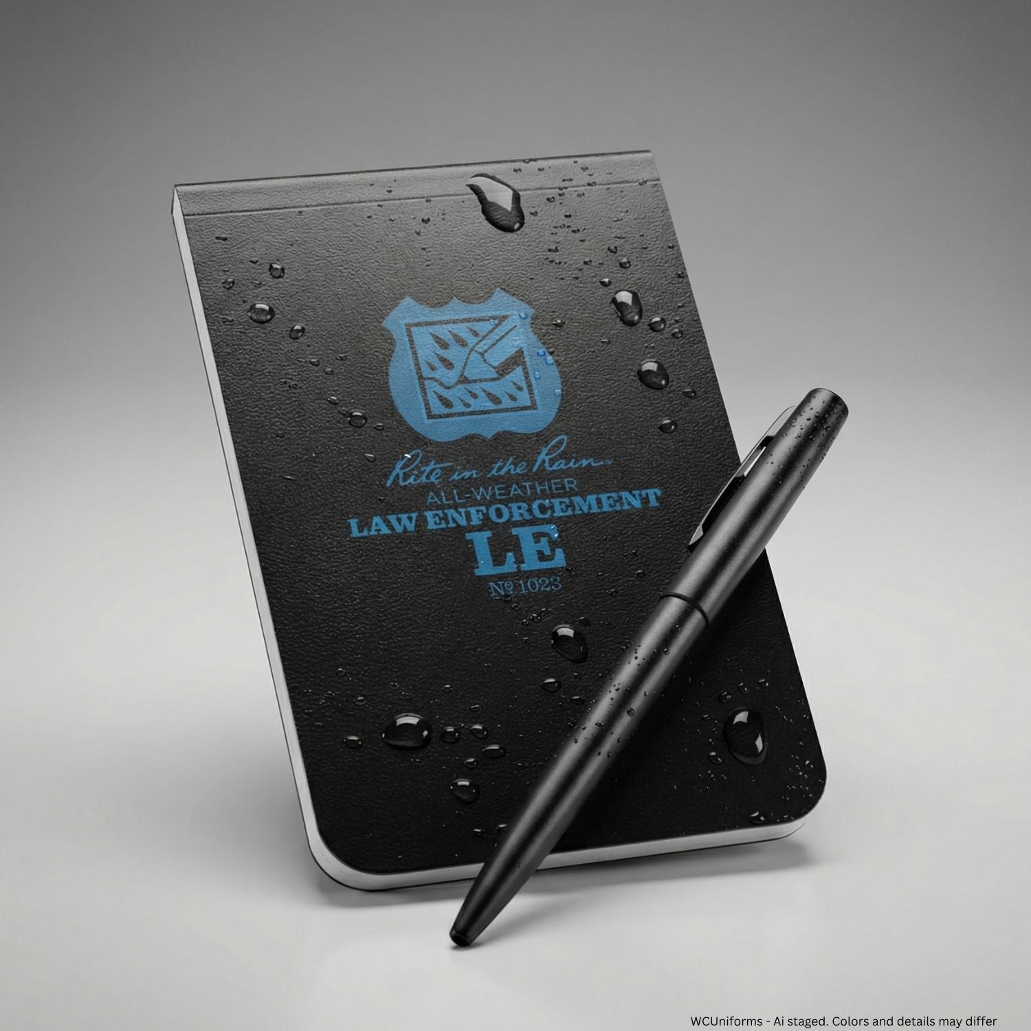 Black law enforcement notebook with pen on a gray background