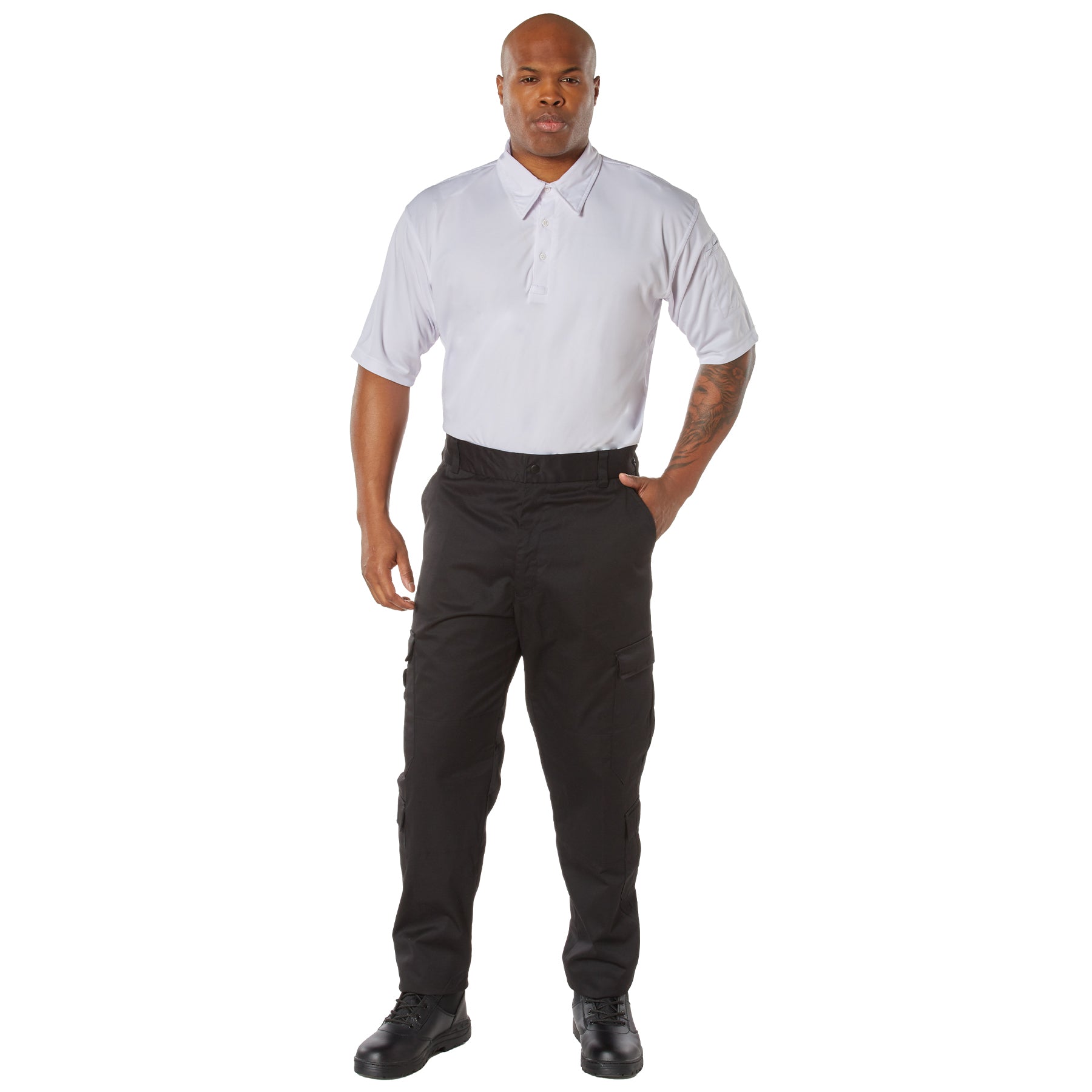 Man wearing a white shirt and black pants on a white background