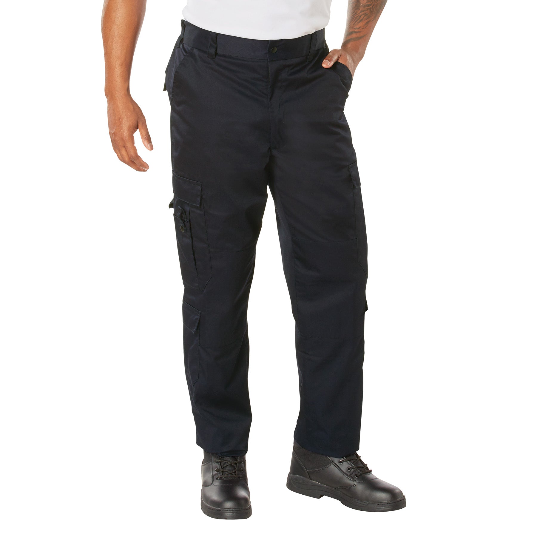 Person wearing Midnight Navy cargo pants on a white background