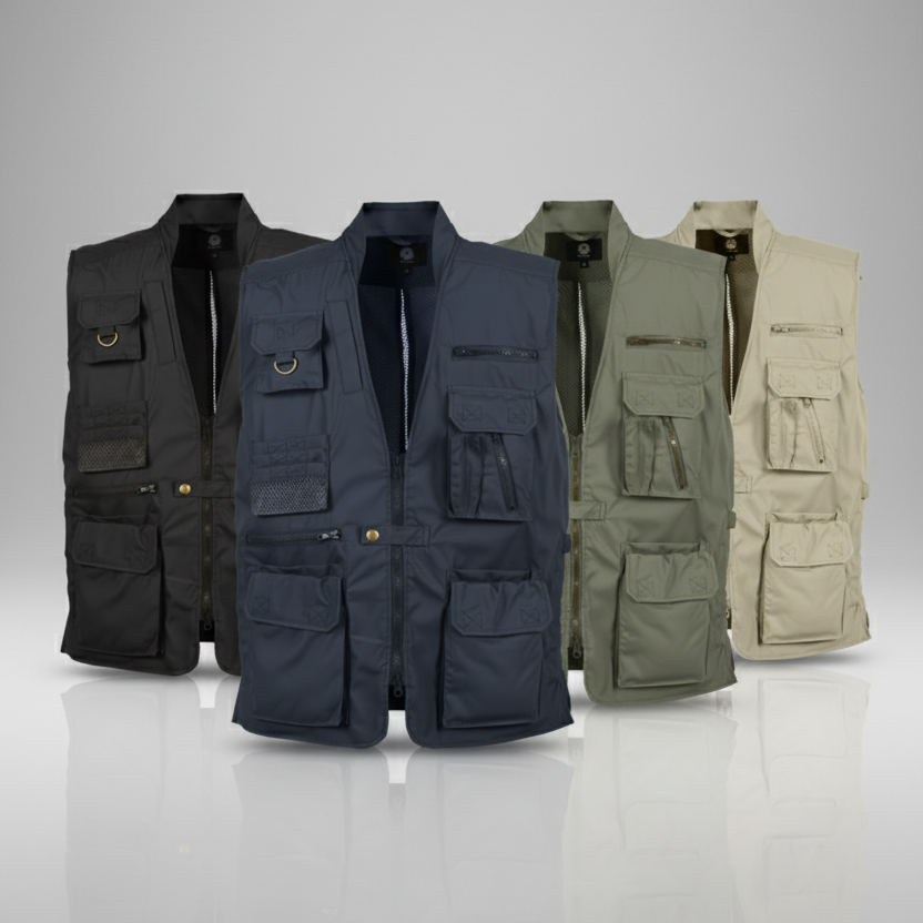 Four vests in black, navy, green, and beige on a gray background